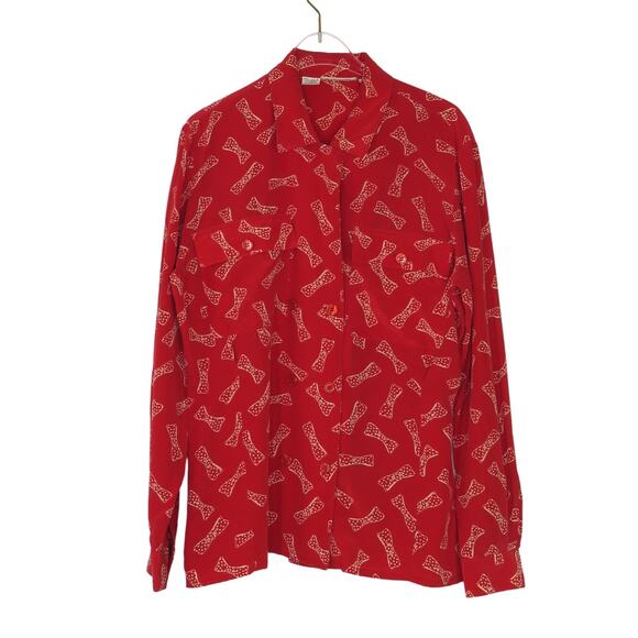 1980s Vintage Red Silk Button Down Collared Blouse with Polka Dot Bows Small - Picture 1 of 4